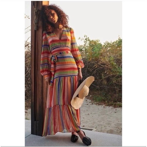 Farm Rio Colorful Orange Red Striped Long Sleeve Maxi Dress Boho Countrycore Sm